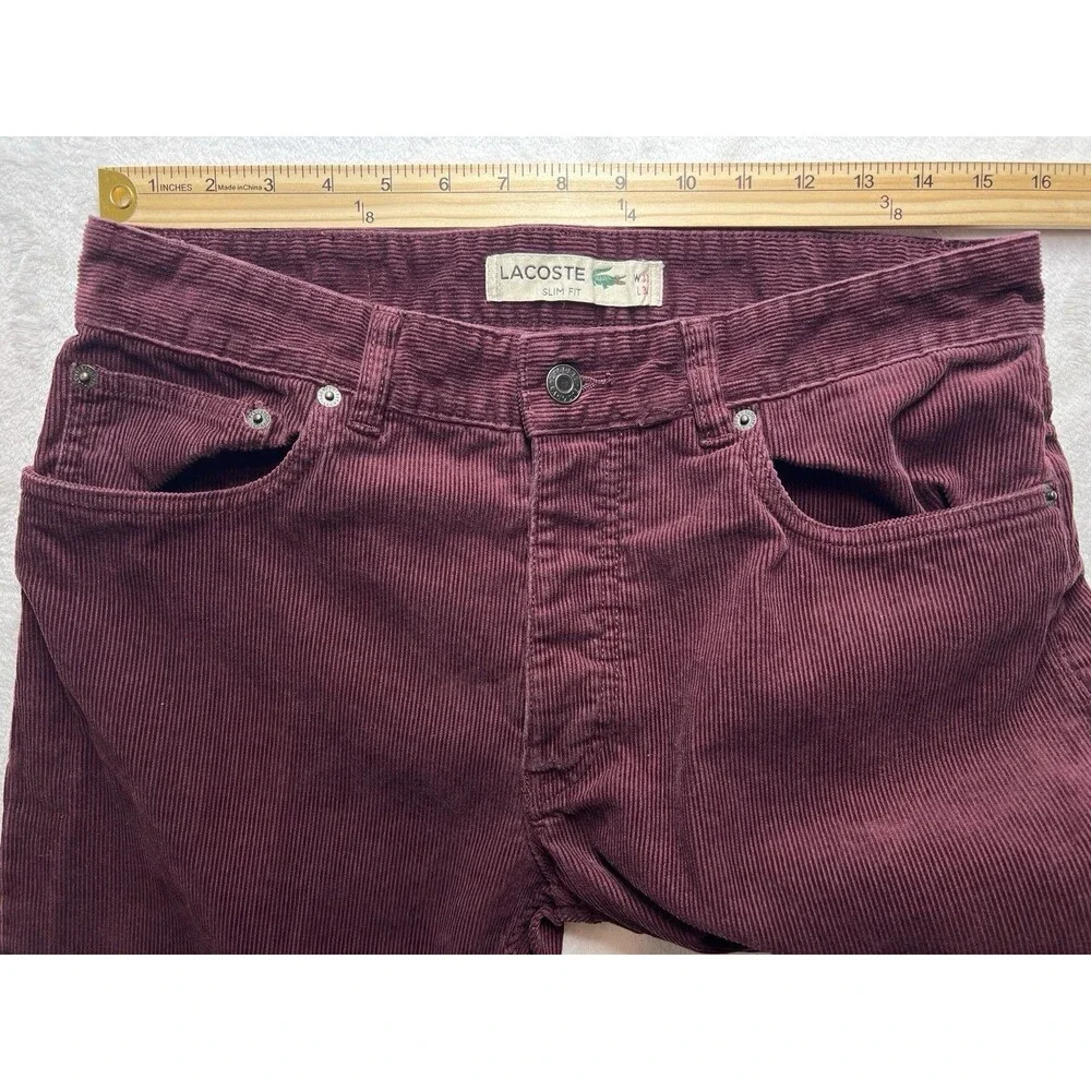 Lacoste Corduroy Jeans Mens 33x34 Slim Fit Button Fly Griotte Cherry Red